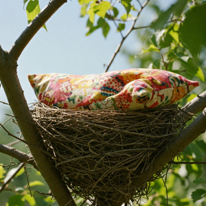Vogelnest in einem Baum, ohne Vögel, aber  mit buntem Kissen