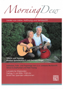 Das Plakat zeigt die Musikerin Martina Spriestersbach und den Musiker Gerhard Ringel mit Gitarren.