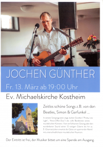 Das Plakat kündigt das Konzert von Jochen Günther in der Evangelischen Michaelskirche an.