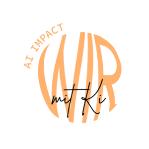 Logo des Projektes: kreisförmiger Schriftzug in Orange und Schwarz "AI Impact - Wir mit KI" -