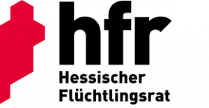 rote Grafik am linken Rand, daneben steht hfr und Hessischer Flüchtlingsrat in schwarz