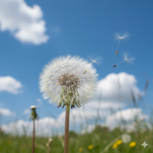 Pusteblume vor blauem Himmel mit Wölkchen im Hintergrund