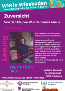 Plakat zur Lesung mit Veranstaltungsdaten und Louise Brown in ihrem Wohnzimmer