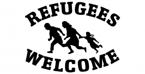 Grafik schwarz weiß, laufende Familie nach links mit Schriftzug Refugee welcome