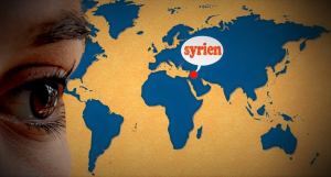 Syrienkarte mit einem Gesicht, das auf die Karte blickt