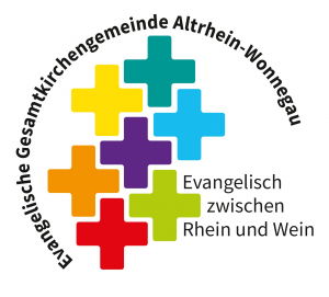 Logo der Evangelischen Gesamtkirchengemeinde Altrhein-Wonnegau: Sieben farbige Kreuze im Kreis angeordnet.