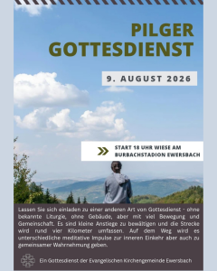 Es handelt sich um eine werbende Grafik für den Pilgergottesdienst in Ewersbach mit einer Frau im Bildzentrum, die in eine Waldlandschaft schaut.