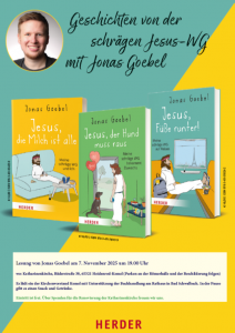 Plakat mit einem Bild vom Autor Jonas Goebel und drei seiner Bücher