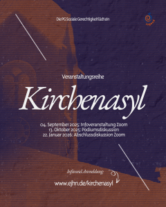 Es ist eine Kirche im Hintergrund zu sehen. Davor ein Schriftzug mit "Kirchenasyl"