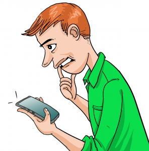 Karikatur eines Mannes, der fragen, mit Zeigefinger am Mund, auf sein Handy schaut.