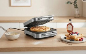 Ein Waffeleisen steht auf einem Tisch. Daneben ein Teller mit zwei Waffeln, die mit Beeren belegt sind.
