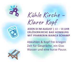 Werbeplakat für Kühle Kirche - Klarer Kopf mit Grafiken von einem Getränkeglas, einem Liegestuhl und einem Piktogram mit Kirchengebäude und Schneeflocke