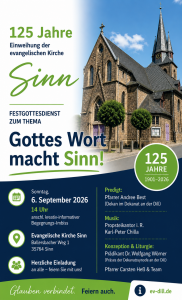 Plakat zum Festgottesdienst mit der Ev. Kirche Sinn rechts im Bild