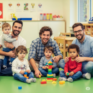 Drei Väter mit vier Kleinkindern in einem Raum. Bausteine im Vordergrund, Sitzgruppe und Schrank mit Spielsachen im Hintergrund.