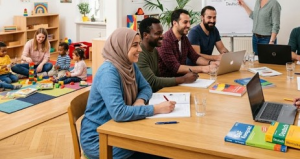 Mehrere Menschen sitzend lernend um einen Tisch. Im Hintergrund spielt eine Frau mit Kleinkindern..