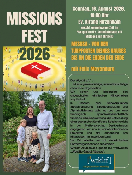 Ein Plakat zum Missionfest 2026 in Hirzenhain, das den Missionar Felix Meyenburg mit seiner Familie zeigt.