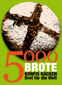 Das Bild zeigt das Logo der Aktion 5000 Brote auf grünem Hintergrund.