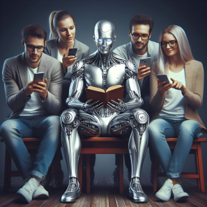 Vier Personen, die auf ihre Handys schauen, sitzen um einen lesenden Roboter.